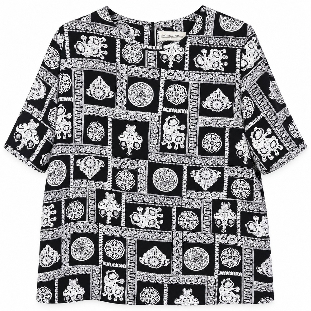 Vintage Heritage Road L Black White Tile Print Blouse Artsy Baroque Grandmacore